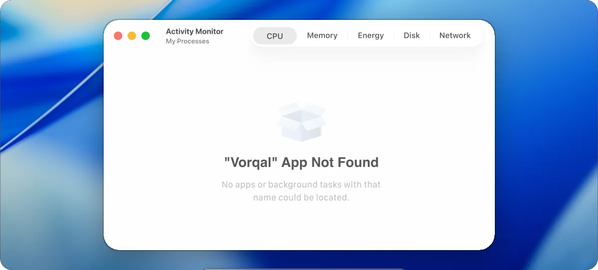 Activity Monitor search showing no visible Vorqal process